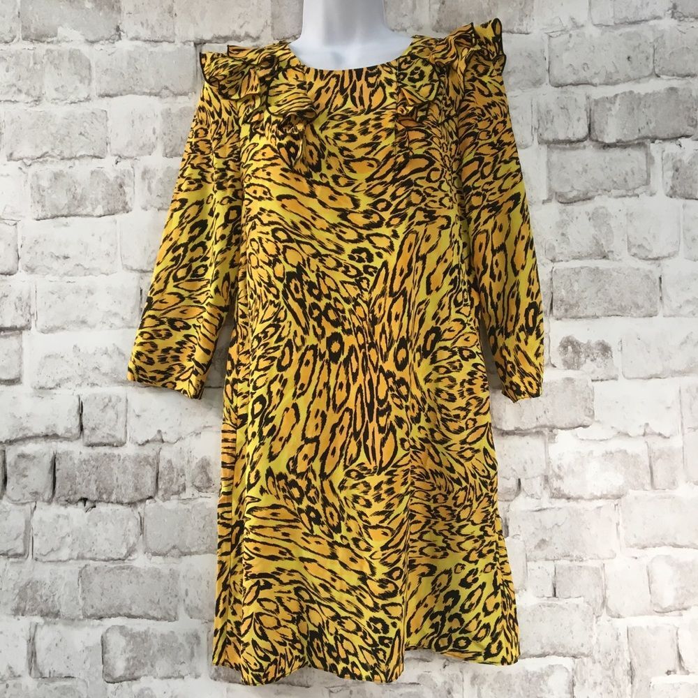 Juicy Couture Women's Shift Dress Silk Yellow Leopard Animal Print Ruffle Size 2